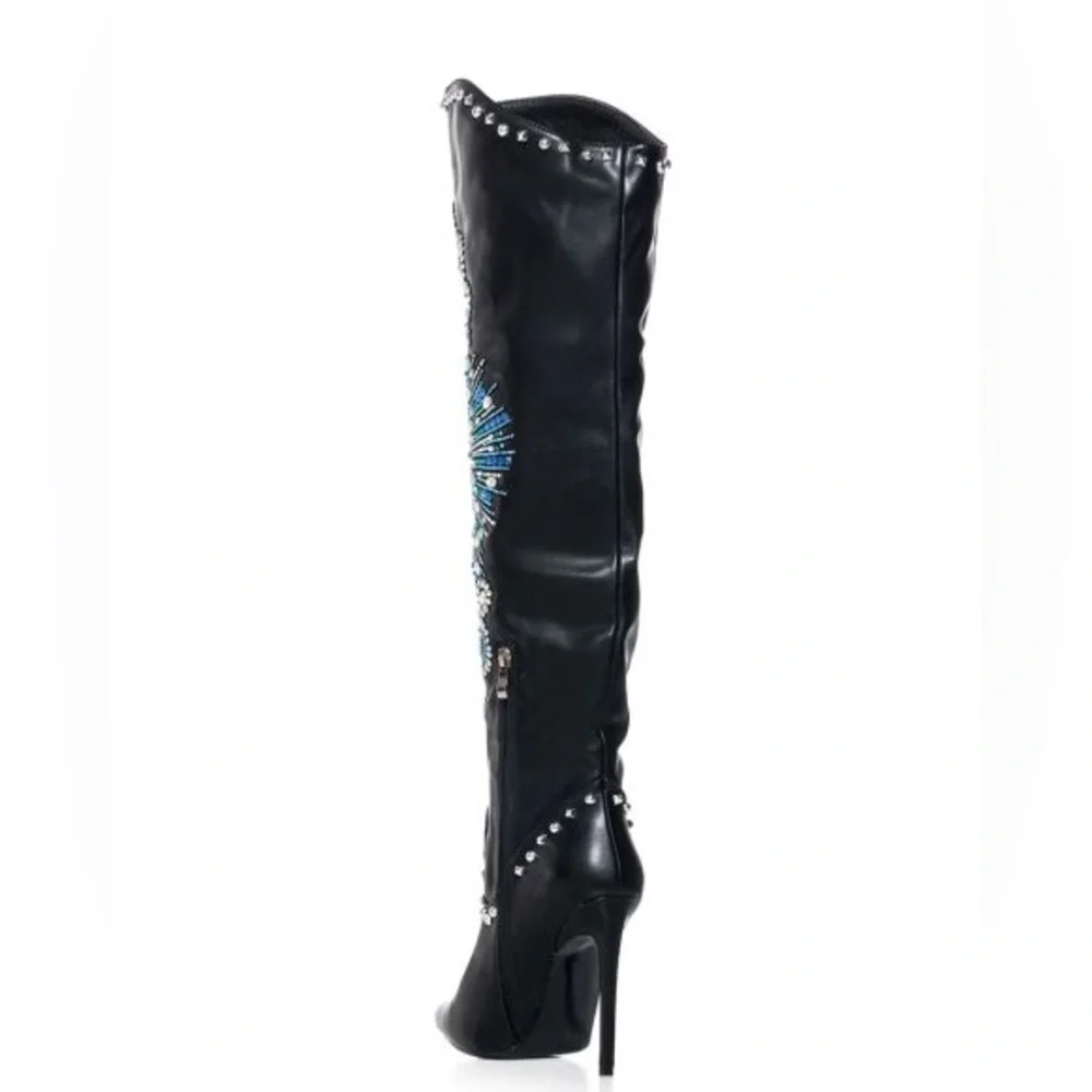 AZALEA WANG Black Leather Embellished Thigh High Boots